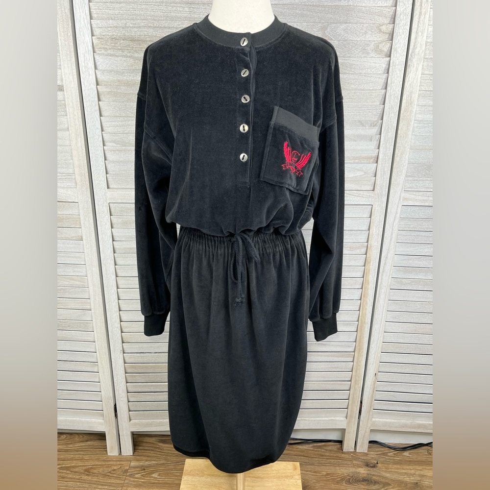 LIZ CLAIBORNE Vintage 80's Velour Dress Black w Red Logo Pocket-Large